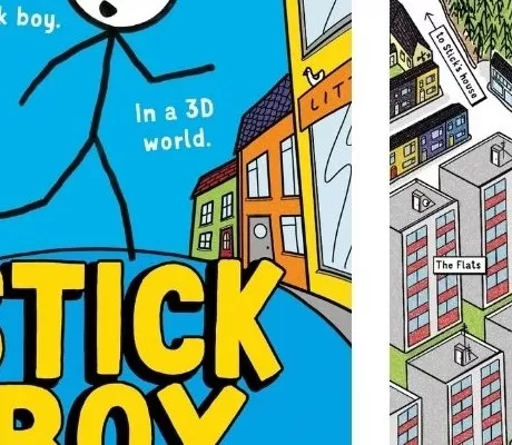 Photo of author Paul Coomey, cover of Stick Boy and an illustration from the book